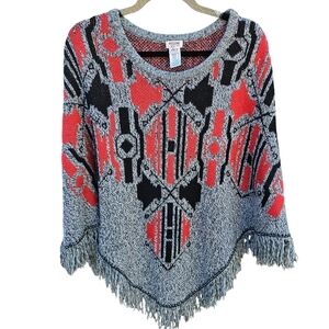 Mosimo Aztec geometric tribal sweater shawl with fringe gray red black S/M